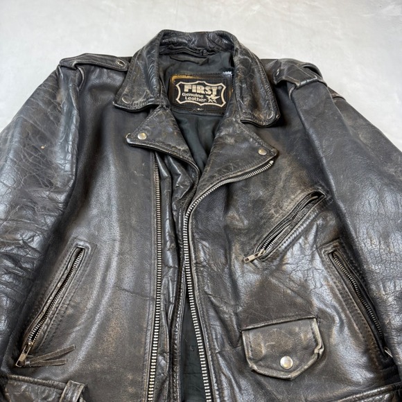 FIRST Genuine Leather Mens Motorcycle Jacket Black Size 46 Biker Style Vintage - Picture 2 of 10